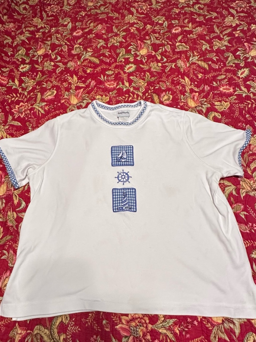 BonWorth White Tee with Blue Sailboat Accents